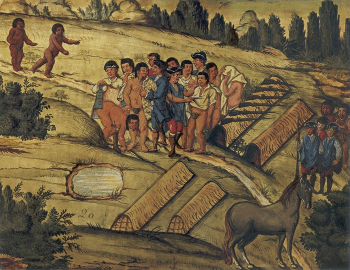 Conquista dos Campos de Guarapuava. Chegão os novos Indios ao arranchamento, tirão os Camaradas da sua rôpa quanto puderão até ficarem alguns sem camiza, e só os ponches cubertos, e os vestem. Guache e aquarela: atribuído a José de Miranda, século XVIII.
